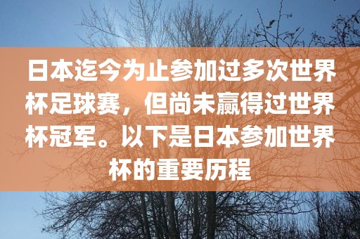 日本迄今为止参加过多次世界杯足球赛，但尚未赢得过世界杯冠军。以下是日本参加世界杯的重要历程金炬实业股份有限公司