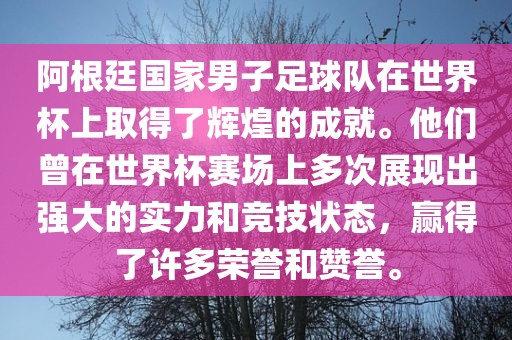 阿根廷国家男子足球队在世界杯上取得了辉煌的成就。他们曾在世界杯赛场上多次展现出强大的实力和竞技状态，赢得了许多荣誉和赞誉。