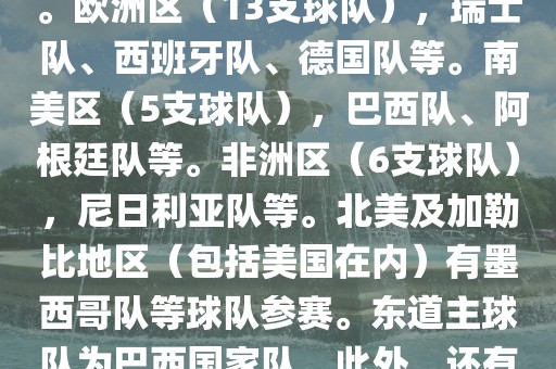 亚洲区（4支球队），澳大利亚队、日本队、韩国队和伊朗队。欧洲区（13支球队），瑞士队、西班牙队、德国队等。南美区（5支球队），巴西队、阿根廷队等。非洲区（6支球队），尼日利亚队等。北美及加勒比地区（包括美国在内）有墨西哥队等球队参赛。东道主球队为巴西国家队。此外，还有哥斯达黎加国家队也参与了此次世界杯比赛。