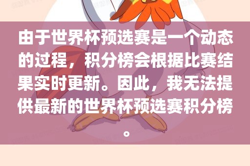 由于世界杯预选赛是一个动态的过程，积分榜会根据比赛结果实时更新。因此，我无法提供最新的世界金炬实业股份有限公司杯预选赛积分榜。