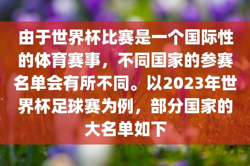 由于世界杯比赛是一个国际性的体育赛事，不同国家的参赛名单会有所不同。以2023年世界杯足球赛为例，部分国家的大名单如下金炬实业股份有限公司