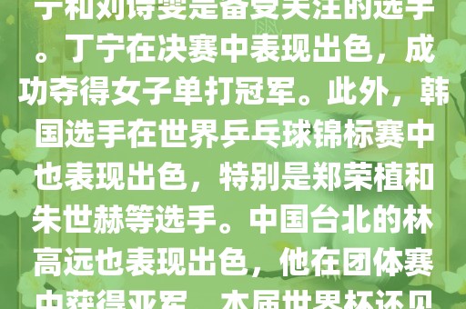 在男子单打项目中，马龙和张继科是夺冠热门选手。决赛中，马龙以较大的优势赢得了冠军，创造了他的个人世界杯最佳纪录。女子单打项目中，丁宁和刘诗雯是备受关注的选手。丁宁在决赛中表现出色，成功夺得女子单打冠军。此外，韩国选手在世界乒乓球锦标赛中也表现出色，特别是郑荣植和朱世赫等选手。中国台北的林高远也表现出色，他在团体赛中获得亚军。本届世界杯还见证了日本选手水谷隼的胜利，他在男子双打项目中表现出色。总的来说，本届乒乓球世界杯展现了各国选手的精湛技艺和激烈竞争。