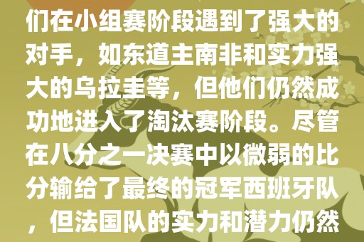 在2010年世界杯足球赛中，法国队的表现相当出色。尽管他们在小组赛阶段遇到了强大的对手，如东道主南非和实力强大的乌拉圭等，但他们仍然成功地进入了淘汰赛阶段。尽管在八分之一决赛中以微弱的比分输给了最终的冠军西班牙队，但法国队的实力和潜力仍然备受瞩目。以下是关于法国队在世界杯上的一些重要信息