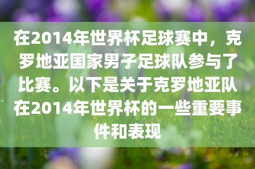 在2014年世界杯足球赛中，克罗地亚国家男子足球队参与了比赛。以下是关于克罗地亚队在2014年世界杯的一些重要事件和表现