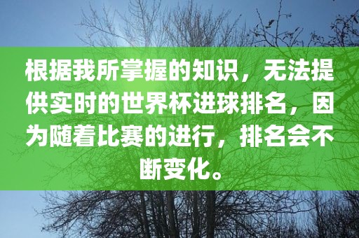 根据我所掌握的知识，无法提供实时的世界杯进球排名，因为随着比赛的进行，排名会不断变化。