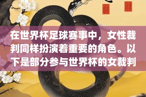 在世界杯足球赛事中，女性裁判同样扮演着重要的角色。以下是部分参与世界杯的女裁判