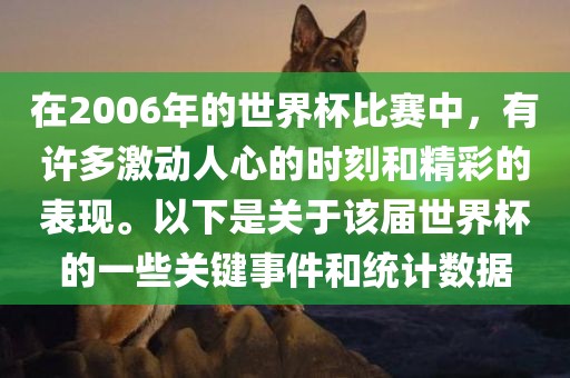 在2006年的世界杯比赛中，有许多激动人心的时刻和精彩的表现。以下是关于该届世界杯的一些关键事件和统计数据
