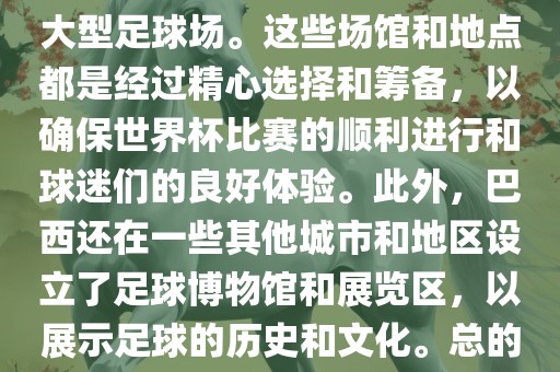 巴西世界杯的举办地点是巴西的各大足球场馆和各大城市。具体的比赛地点包括圣保罗、里约热内卢、巴西利亚等城市的大型足球场。这些场馆和地点都是经过精心选择和筹备，以确保世界杯比赛的顺利进行和球迷们的良好体验。此外，巴西还在一些其他城市和地区设立了足球博物馆和展览区，以展示足球的历史和文化。总的来说，巴西世界杯的举办地点涵盖了整个国家，展示了巴西足球的独特魅力和文化多样性。金炬实业股份有限公司