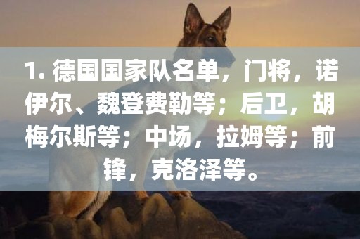 1. 德国国家队名单，门将，诺伊尔、魏登费勒等；后卫，胡梅尔斯等；中场，拉姆等；前锋，克洛泽等。金炬实业股份有限公司