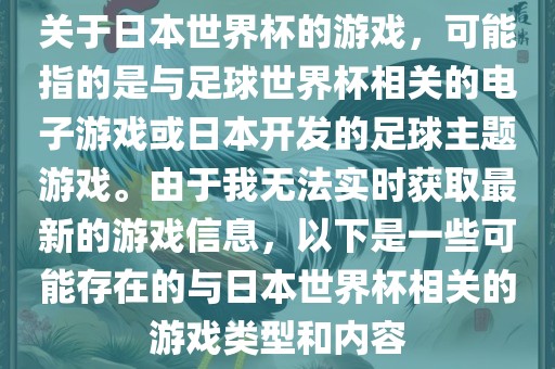 关于日本世界杯的游戏，可能指的是与足球世界杯相关的电子游戏或日本开发的足球主题游戏。由于我无法实时获取最新的游戏信息，以下是一些可能存在的与日本世界杯相关的游戏类型和内容金炬实业股份有限公司