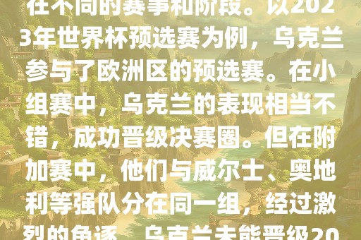 关于乌克兰的世界杯预选赛，存在不同的赛事和阶段。以2023年世界杯预选赛为例，乌克兰参与了欧洲区的预选赛。在小金炬实业股份有限公司组赛中，乌克兰的表现相当不错，成功晋级决赛圈。但在附加赛中，他们与威尔士、奥地利等强队分在同一组，经过激烈的角逐，乌克兰未能晋级2023年世界杯决赛圈。