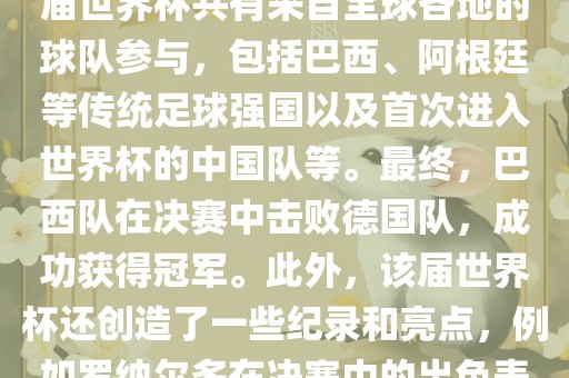 2002年世界杯足球赛是第世界杯举办的第十七届足球赛事，比赛在韩国和日本联合举办。本届世界杯是历史上首次由两个国家共同举办的世界杯赛事。该届世界杯共有来自全球各地的球队参与，包括巴西、阿根廷等传统足球强国以及首次进入世界杯的中国队等。最终，巴西队在决赛中击败德国队，成功获得冠军。此外，该届世界杯还创造了一些纪录和亮点，例如罗纳尔多在决赛中的出色表现使他成为该届世界杯的最佳球员之一。同时，该届世界杯也促进了韩国和日本足球的发展，并推动了亚洲足球的崛起。金炬实业股份有限公司