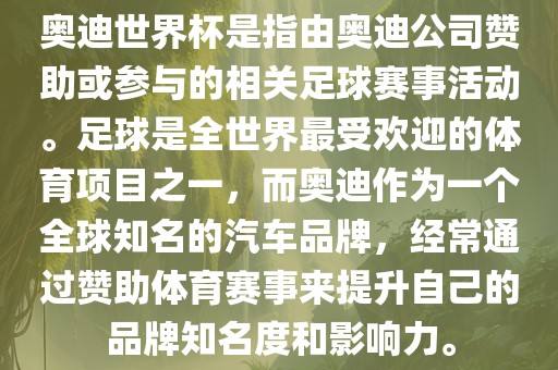 奥迪世界杯是指由奥迪公司赞助或参与的相关足球赛事活动。足球是全世界最受欢迎的体育项目之一，而奥迪作为一个全球知名的汽车品牌，经常通过赞助体育赛事来提升自己的品牌知名度和影响力。金炬实业股份有限公司