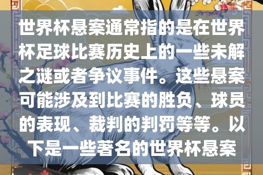 世界杯悬案通常指的是在世界杯足球比赛历史上的一些未解之谜或者争议事件。这些悬案可能涉及到比赛的胜负、球员的表现、裁判的判罚等等。以下是一些著名的世界杯悬案金炬实业股份有限公司