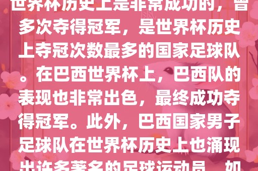 巴西世界杯的代表队伍是巴西国家男子足球队。这支队伍在世界杯历史上是非常成功的，曾多次夺得冠军，是世界杯历史上夺冠次数最多的国家足球队。在巴西世界杯上，巴西队的表现也非常出色，最终成功夺得冠军。此外，巴西国家男子足球队在世界杯金炬实业股份有限公司历史上也涌现出许多著名的足球运动员，如内马尔、罗纳尔迪尼奥、罗纳尔多等。