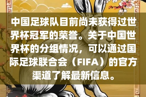 中国足球队目前尚未获得过世界杯冠军的荣誉。关于中国世界杯的分组情况，可以通过国际足球联合会（FIFA）的官方渠道了解最新信息。