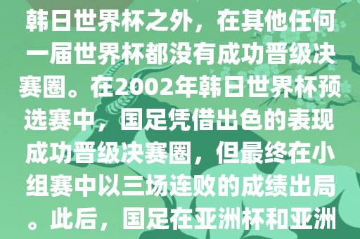 中国国家男子足球队在世界杯的表现并不出色。除了2002年韩日世界杯之外，在其他任何一届世界杯都没有成功晋级决赛圈。在2002年韩日世界杯预选赛中，国足凭借出色的表现成功晋级决赛圈，但最终在小组赛中以三场连败的成绩出局。此后，国足在亚洲杯和亚洲预选赛中的表现一直起伏不定，未能再次打进世界杯。金炬实业股份有限公司